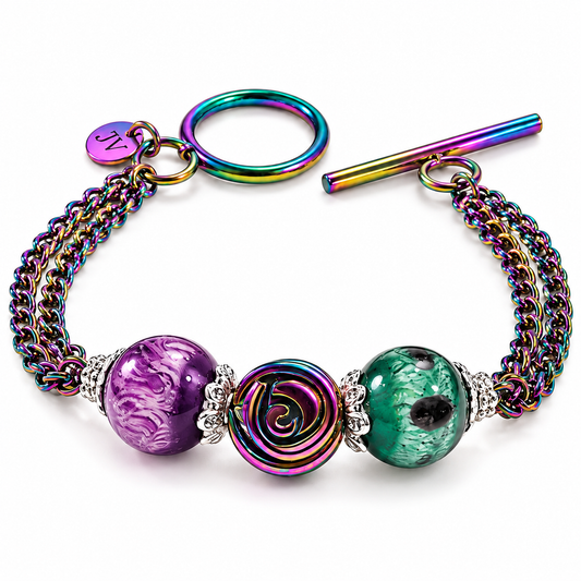Rainbow Beaded Ion Plating Flower Bracelet - Lampwork Glass Jewelry