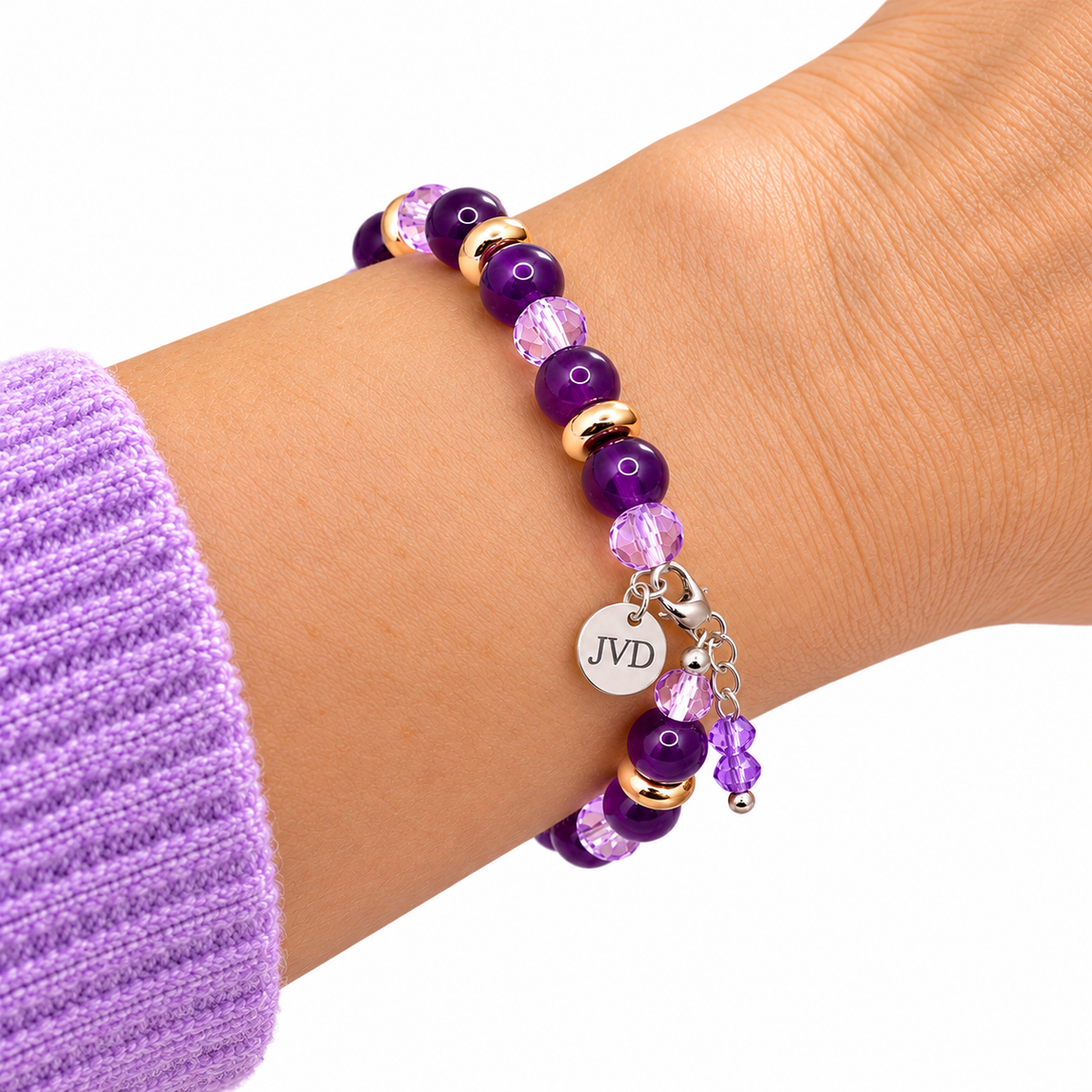 Bracelet en perles de pierre Améthyste Violette | Cristal doré réglable 6.5-7.75" | Bijoux faits main