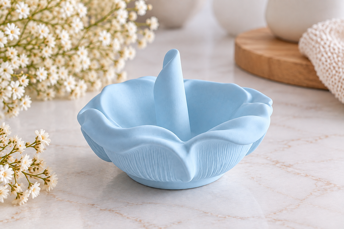 Baby blue marbled handmade resin ring dish holder with white flowers