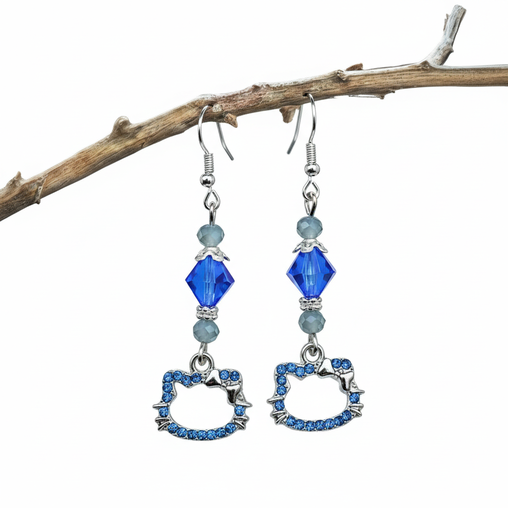 Cat Charm Earrings - Blue Gemstone Crystal Silver Plated Dangle Earrings