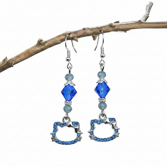 Cat Charm Earrings - Blue Gemstone Crystal Silver Plated Dangle Earrings