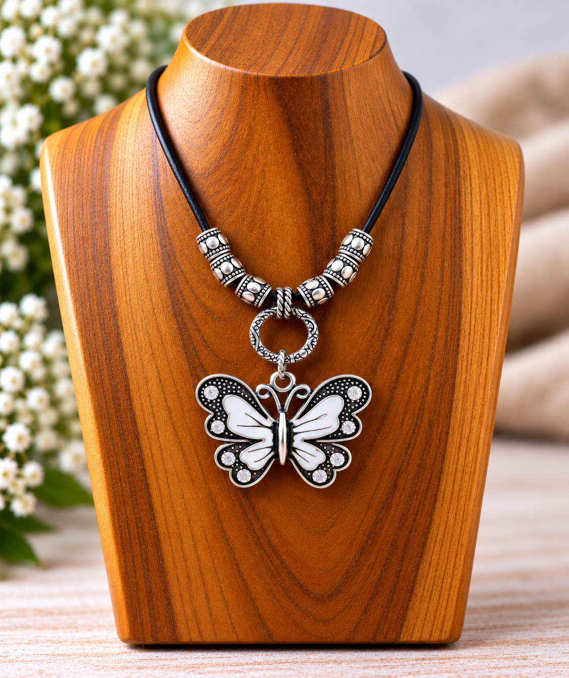 A silver butterfly pendant necklace with a black cord, displayed on a wooden jewelry bust. The necklace features textured silver beads and a butterfly charm with white enamel details.
