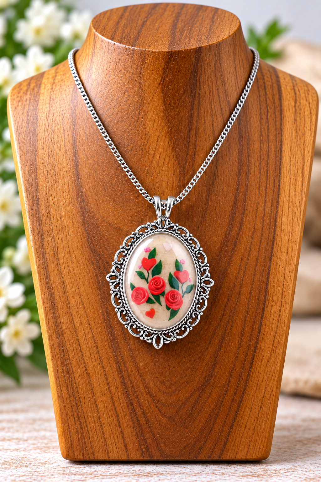 An oval pendant necklace with a silver filigree border and chain, featuring a hand-painted design of red roses and green leaves on a cream background, displayed on a wooden bust.