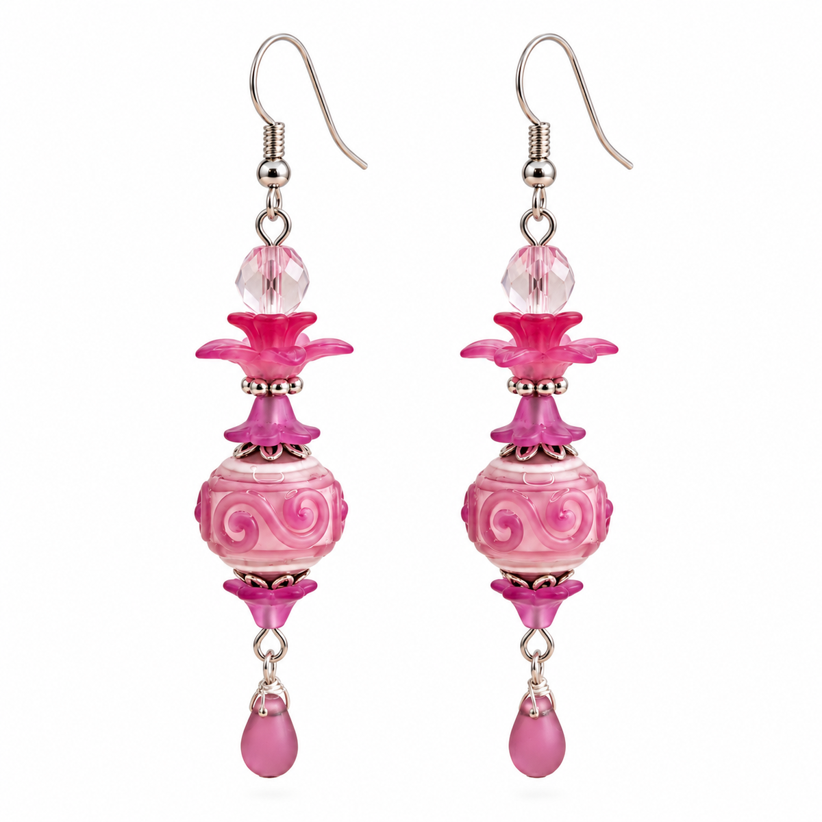 Pink Lampwork Drop Earrings - Handcrafted Glass Beads | 2.75 Inches