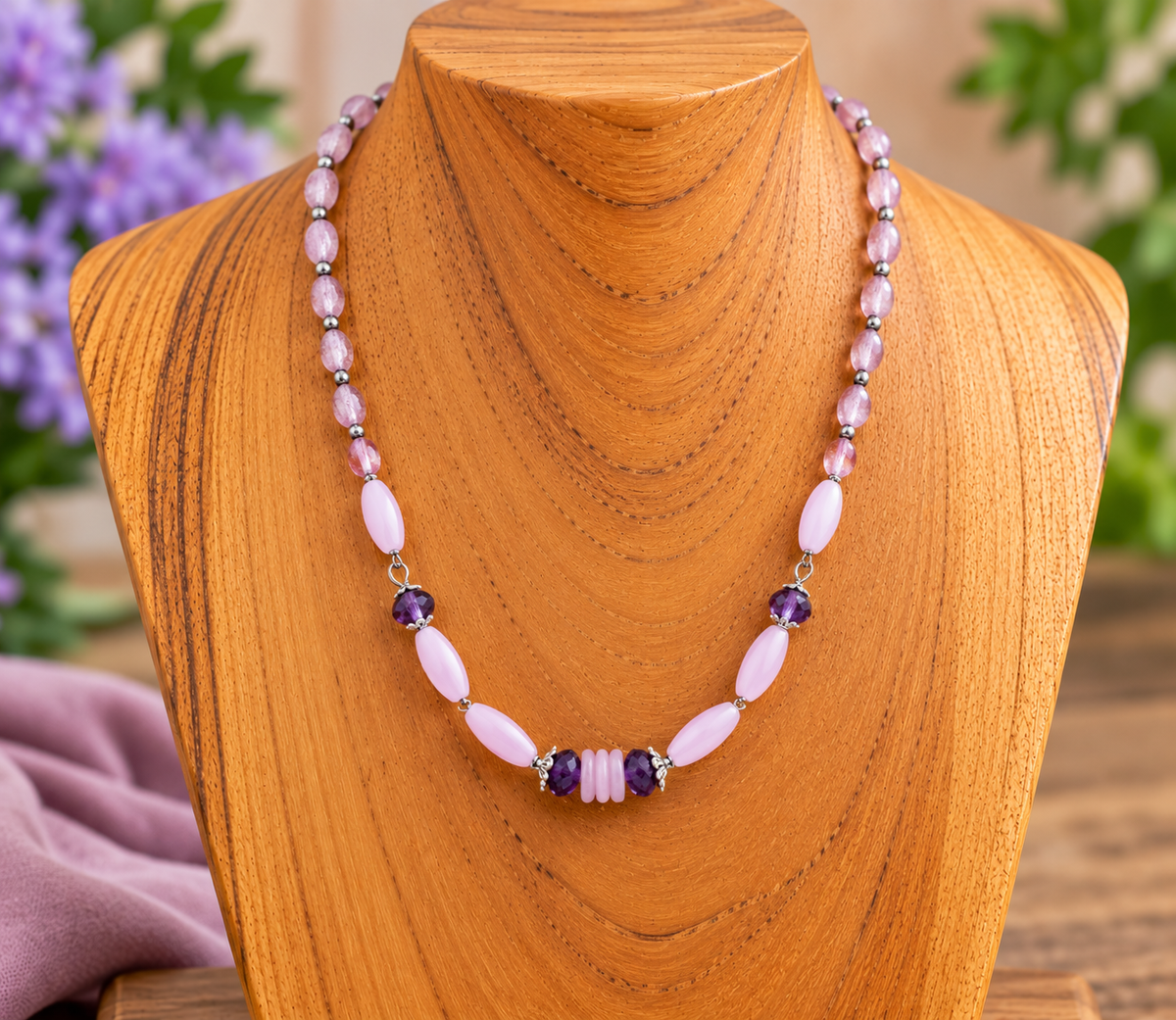 A beaded necklace displayed on a wooden bust. The necklace features light pink oval beads, small silver spacer beads, and dark purple faceted beads, including a central cluster of three dark purple beads and three pale pink beads.