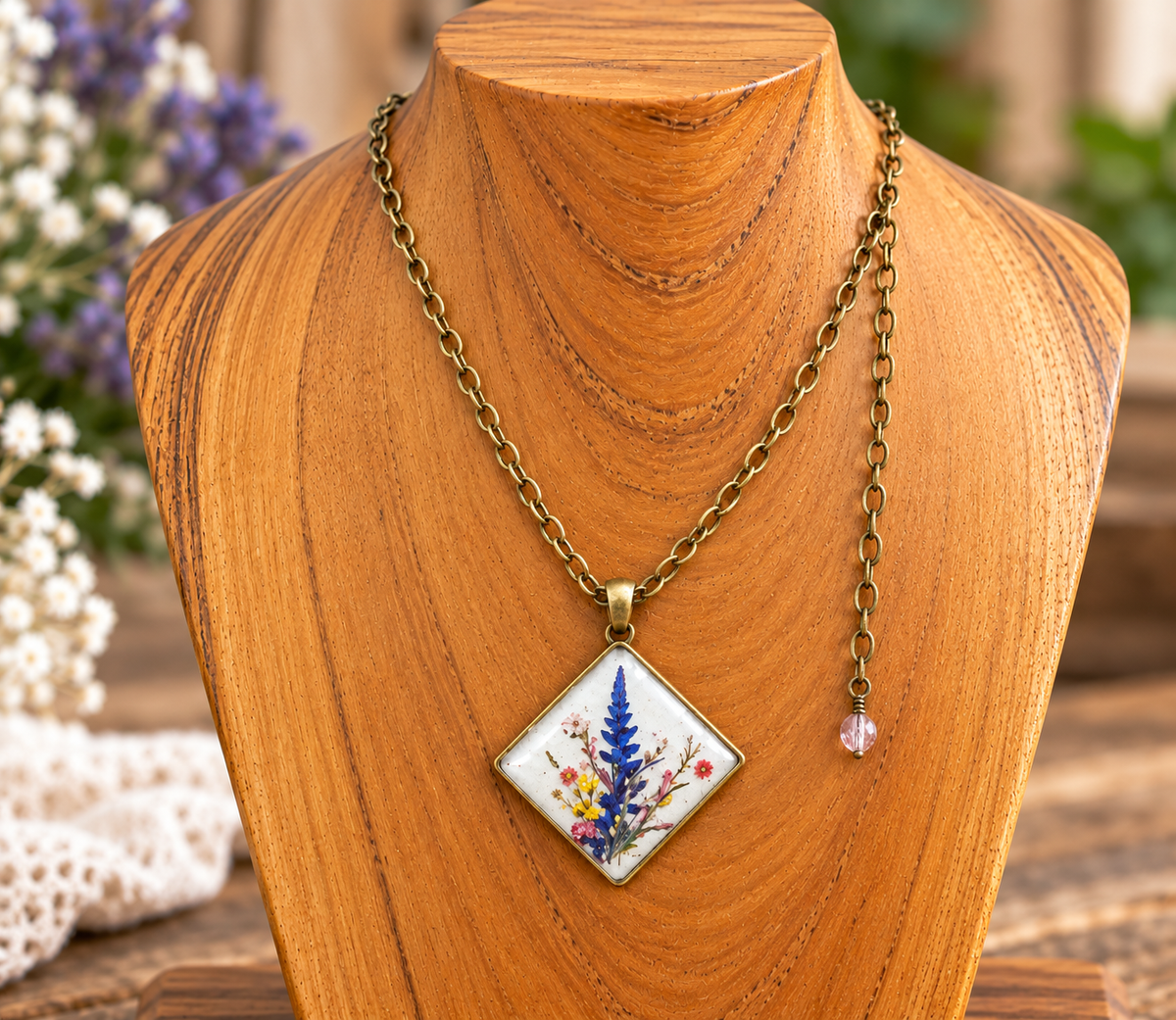 A gold-tone chain necklace with a square pendant featuring a blue wildflower design on a white background, displayed on a wooden bust.