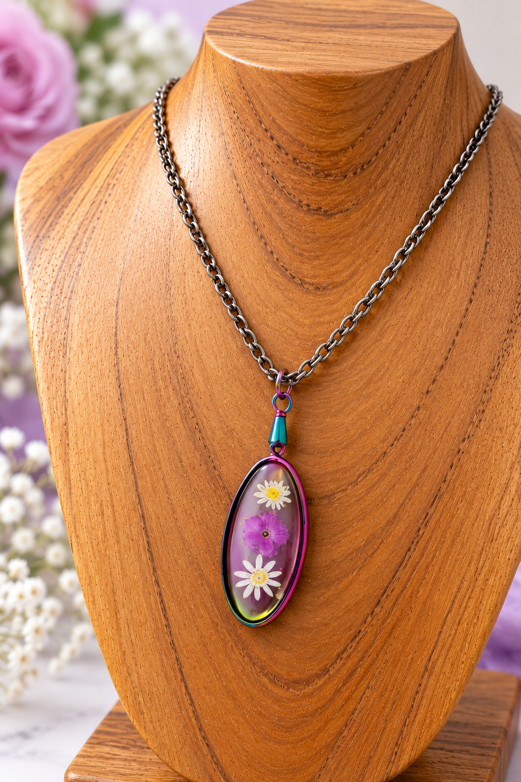 A silver chain necklace with an oval pendant containing pressed purple flowers and white daisies, displayed on a wooden mannequin bust.