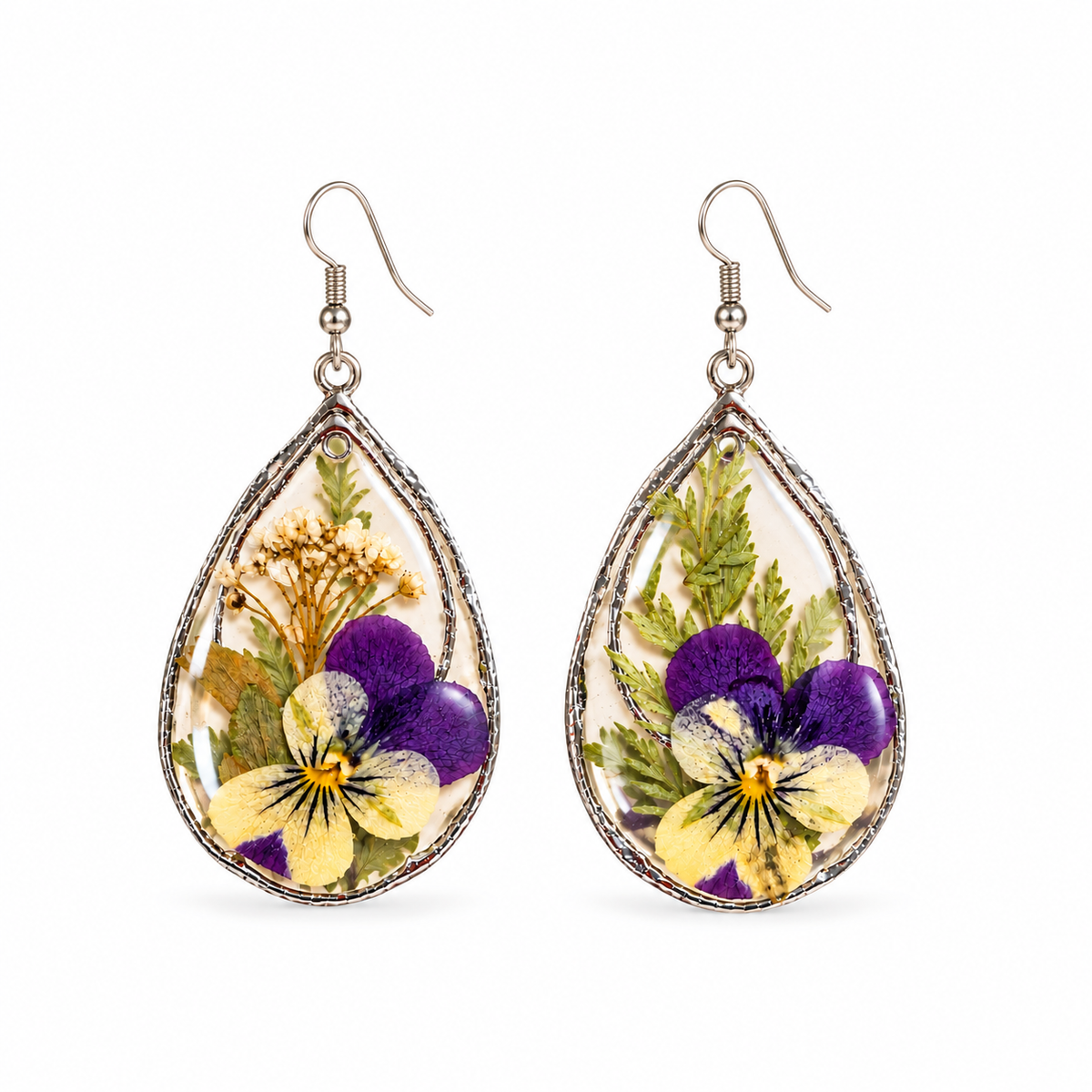 Pendientes de lágrima Jardín de pensamientos – Resina de flores prensadas naturales | JVDesigner