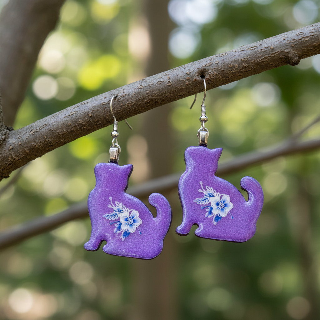 Resincrete Cat Earrings purple iridescent white flowers 2"x1"