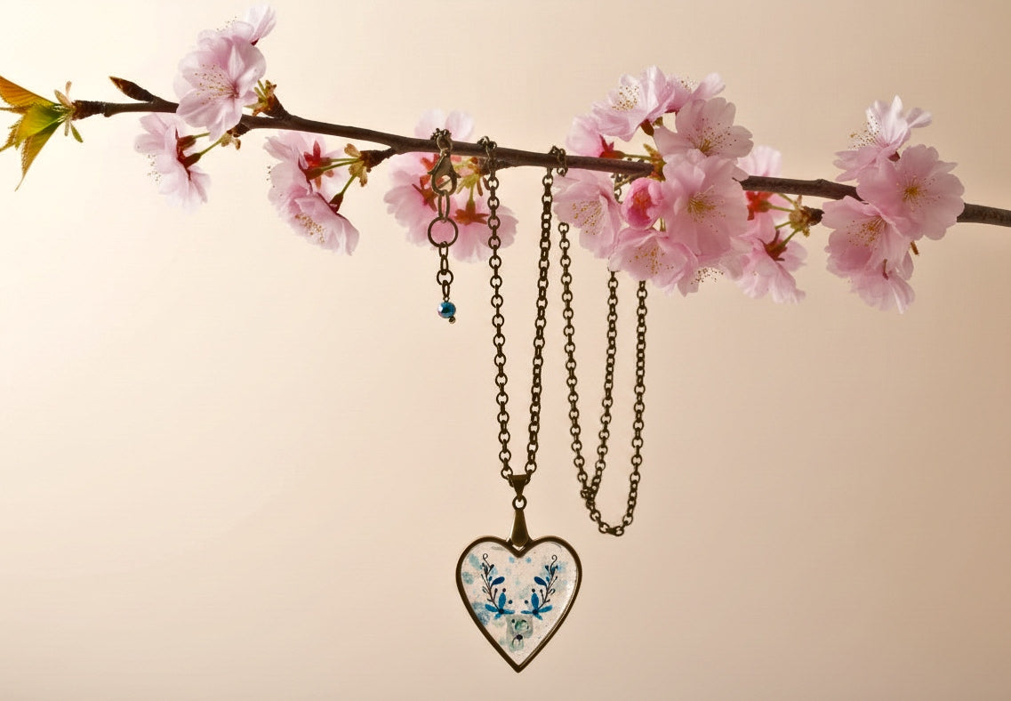Heart Necklace Blue Flower Resin Pendant - Antique Bronze Bezel with Iridescent Glass | JVDesigner