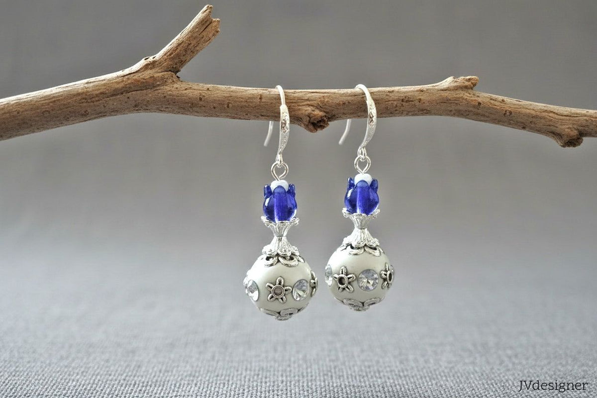 White Cobalt Blue Boho Earrings - Silver Copper Indonesian Beads | 2 Inches