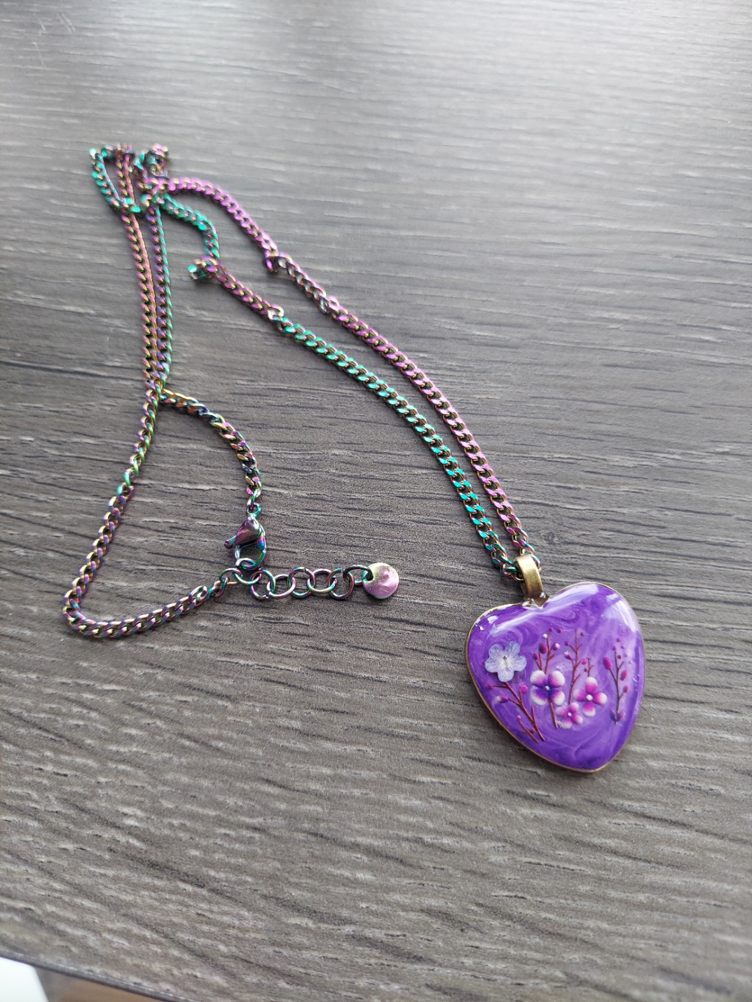 Resin Purple Heart Bezel Necklace - Handcrafted with Rainbow Stainless Steel Chain & Lobster Clasp