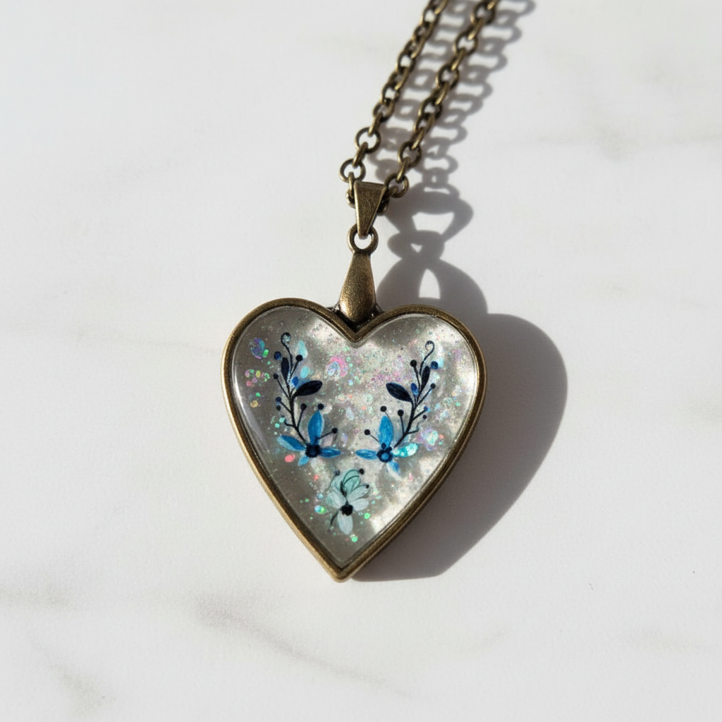 Heart Necklace Blue Flower Resin Pendant - Antique Bronze Bezel with Iridescent Glass | JVDesigner