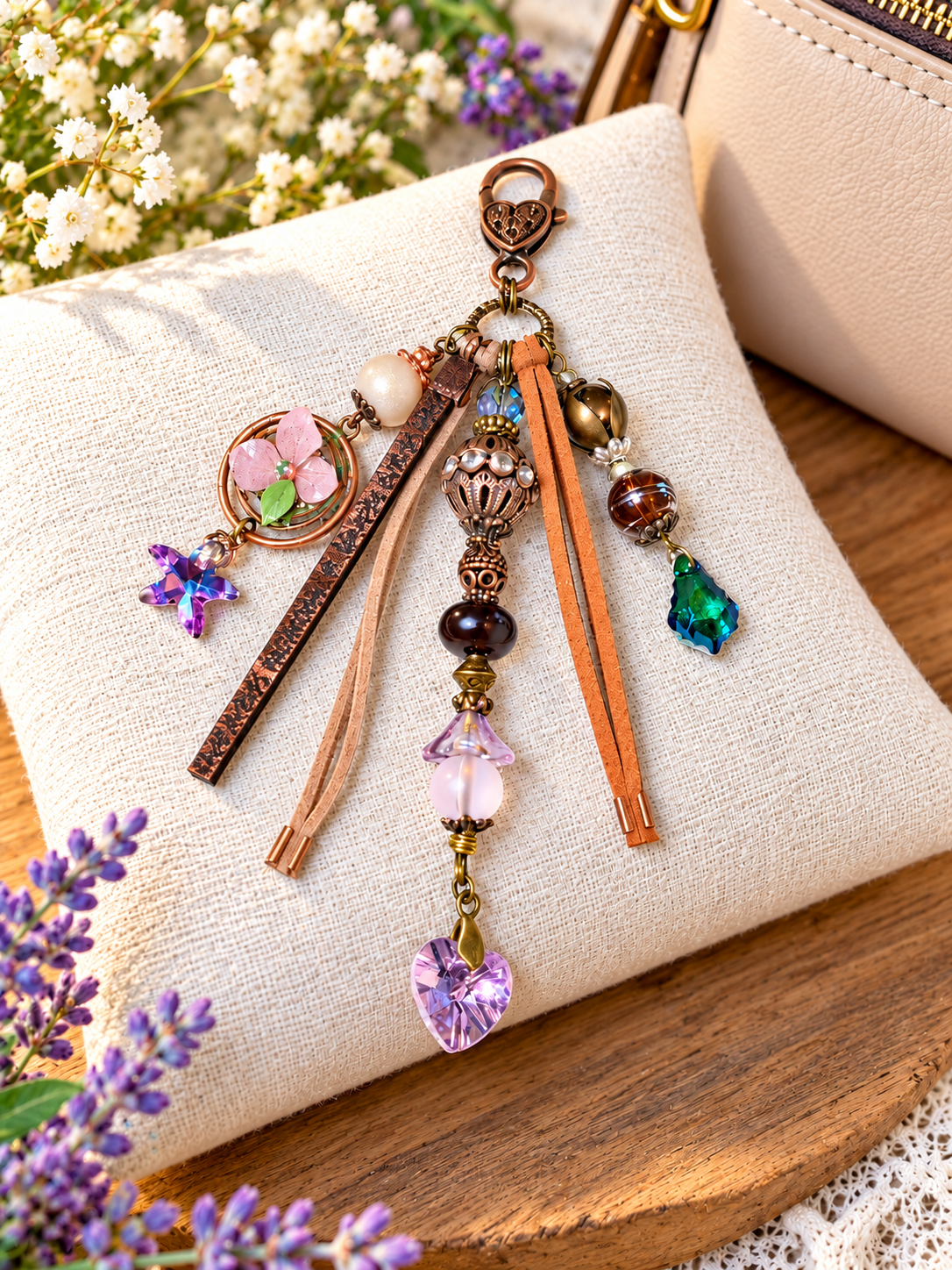 A decorative keychain or bag charm with multiple dangling elements, including tan and orange faux-leather tassels, a pink flower bead, a purple heart crystal, a green teardrop crystal, and ornate metal beads, displayed on a cream fabric cushion over a wooden surface.