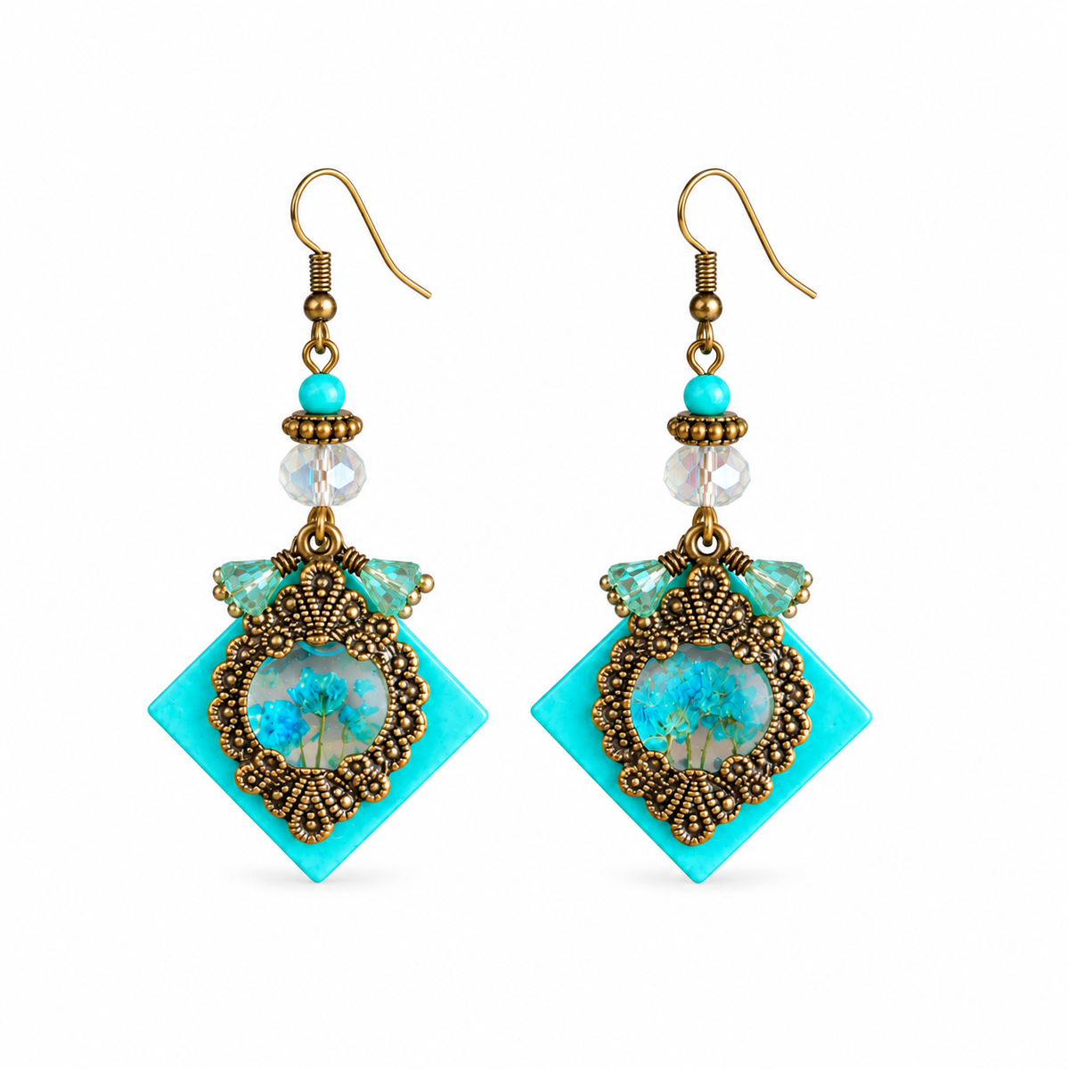 Pendientes cuadrados de resina de bronce antiguo | Flor seca | Cuentas de flor checa y cristal facetado | 2.5" | JVDesigner
