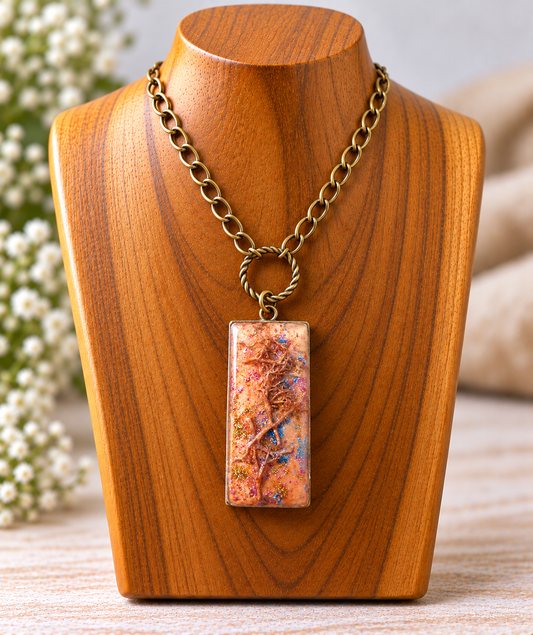 An antique bronze chain necklace with a rectangular pendant featuring a colorful, textured floral pattern, displayed on a wooden mannequin bust.