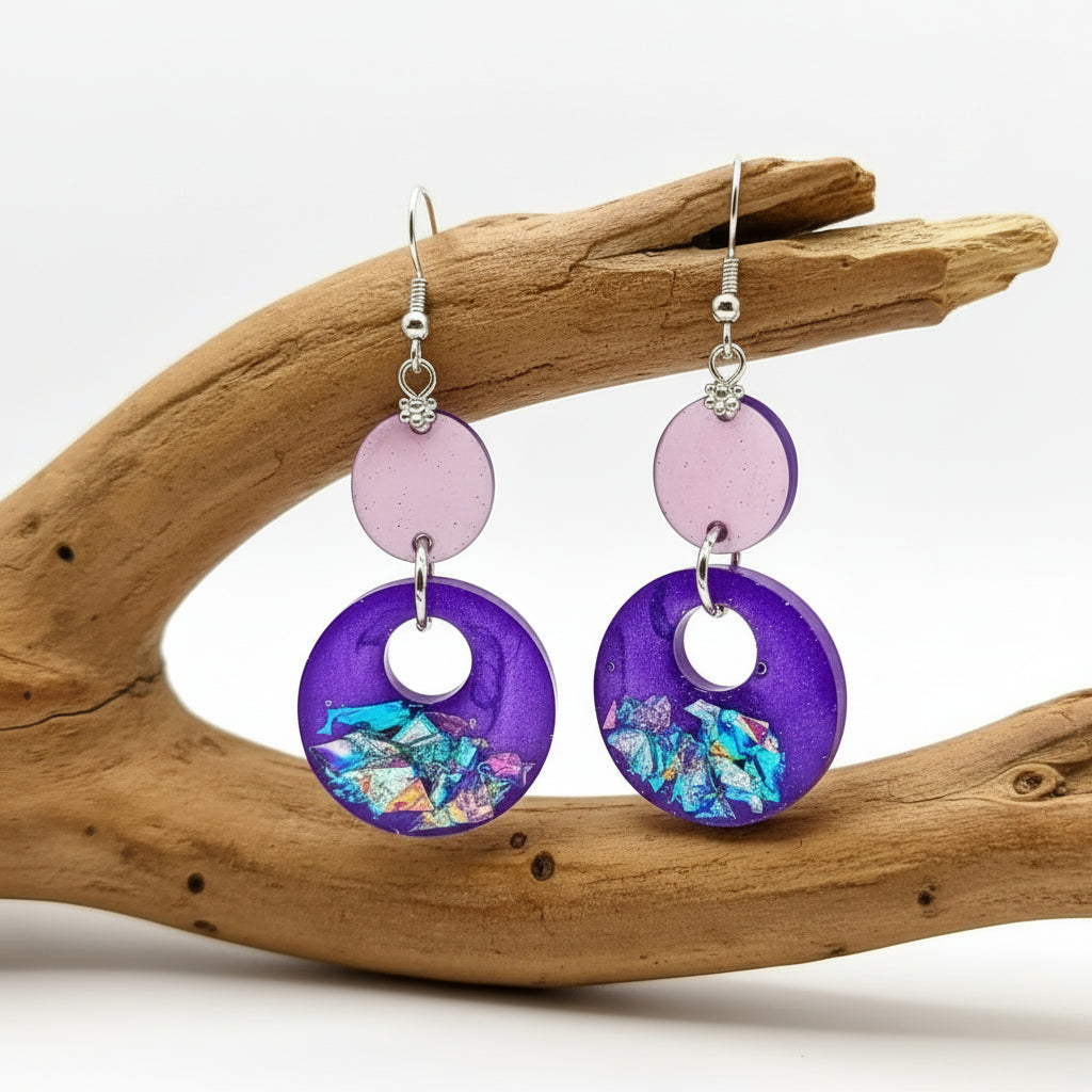 Resin crete Earrings purple round 2.5inches