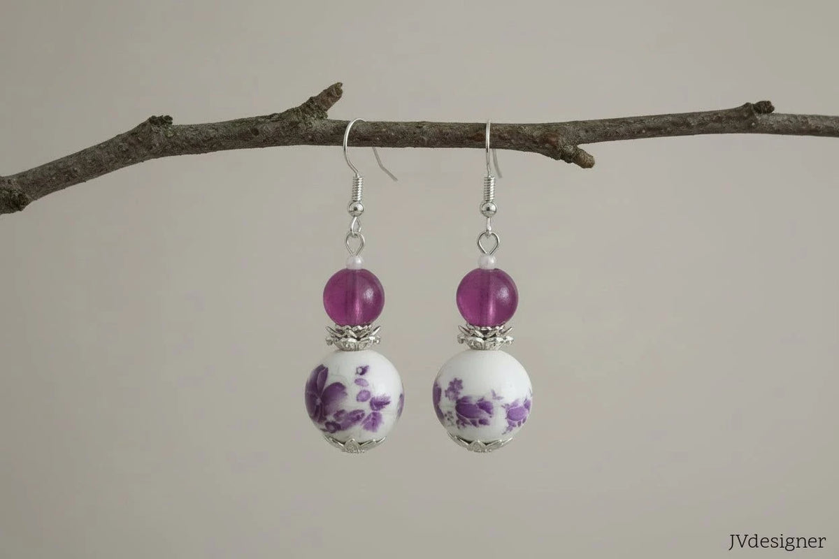 Purple Porcelain Flower Beaded Earrings - Hypoallergenic Silver plated French Hooks