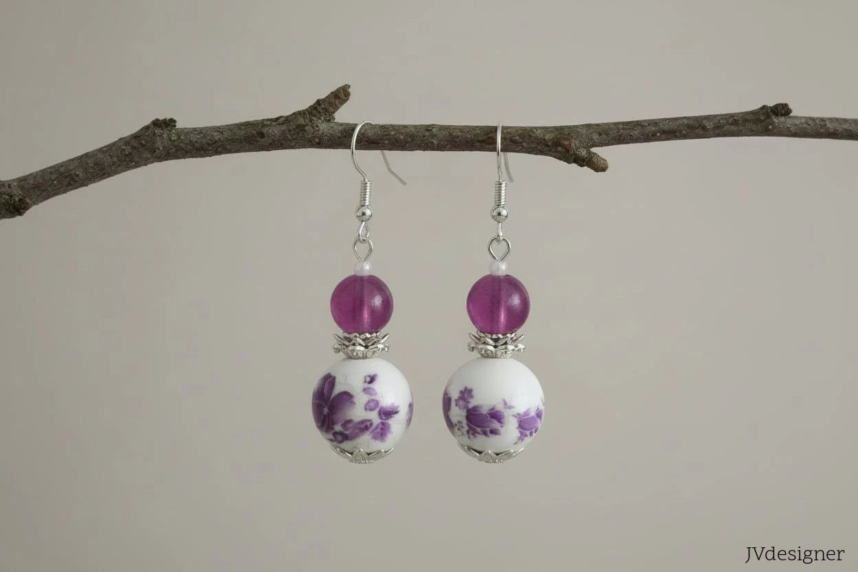 Purple Porcelain Flower Beaded Earrings - Hypoallergenic Silver plated French Hooks