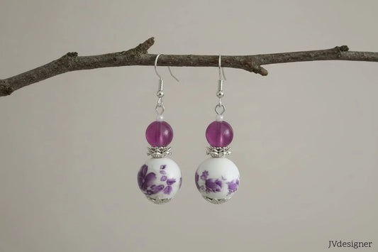 Purple Porcelain Flower Beaded Earrings - Hypoallergenic Silver plated French Hooks