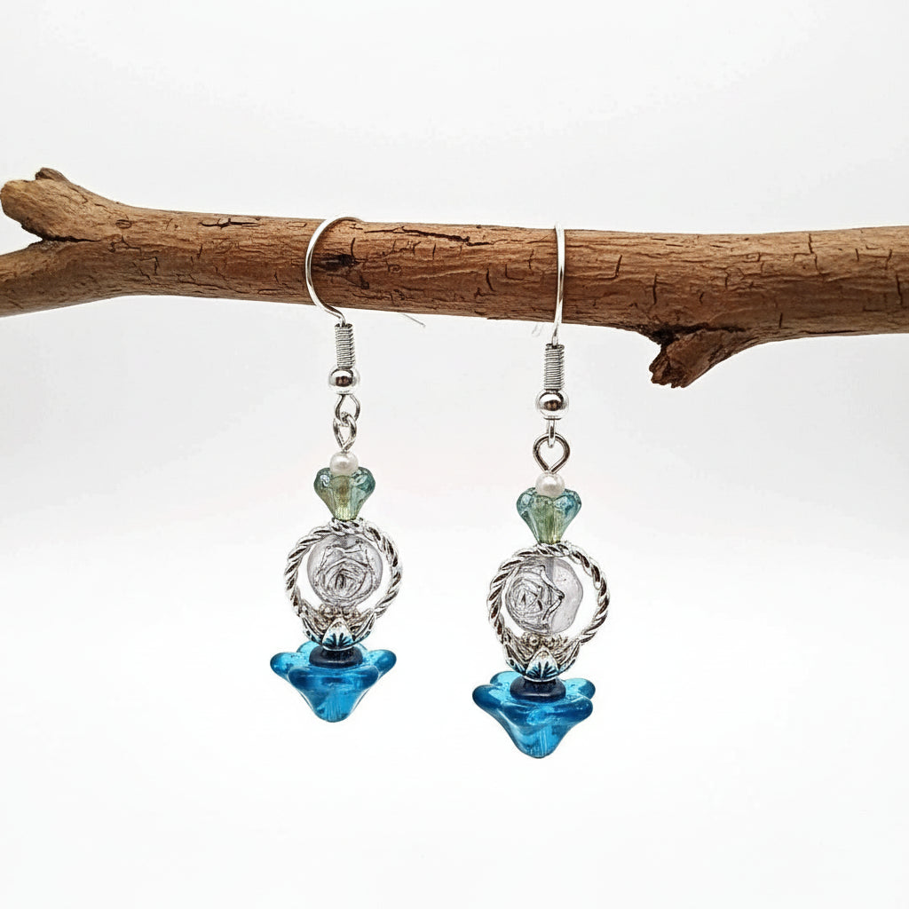 Blue Czech Flower Earrings - Glass Beaded Design | 2 Inches