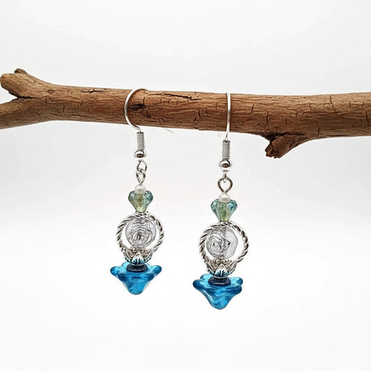 Blue Czech Flower Earrings - Glass Beaded Design | 2 Inches