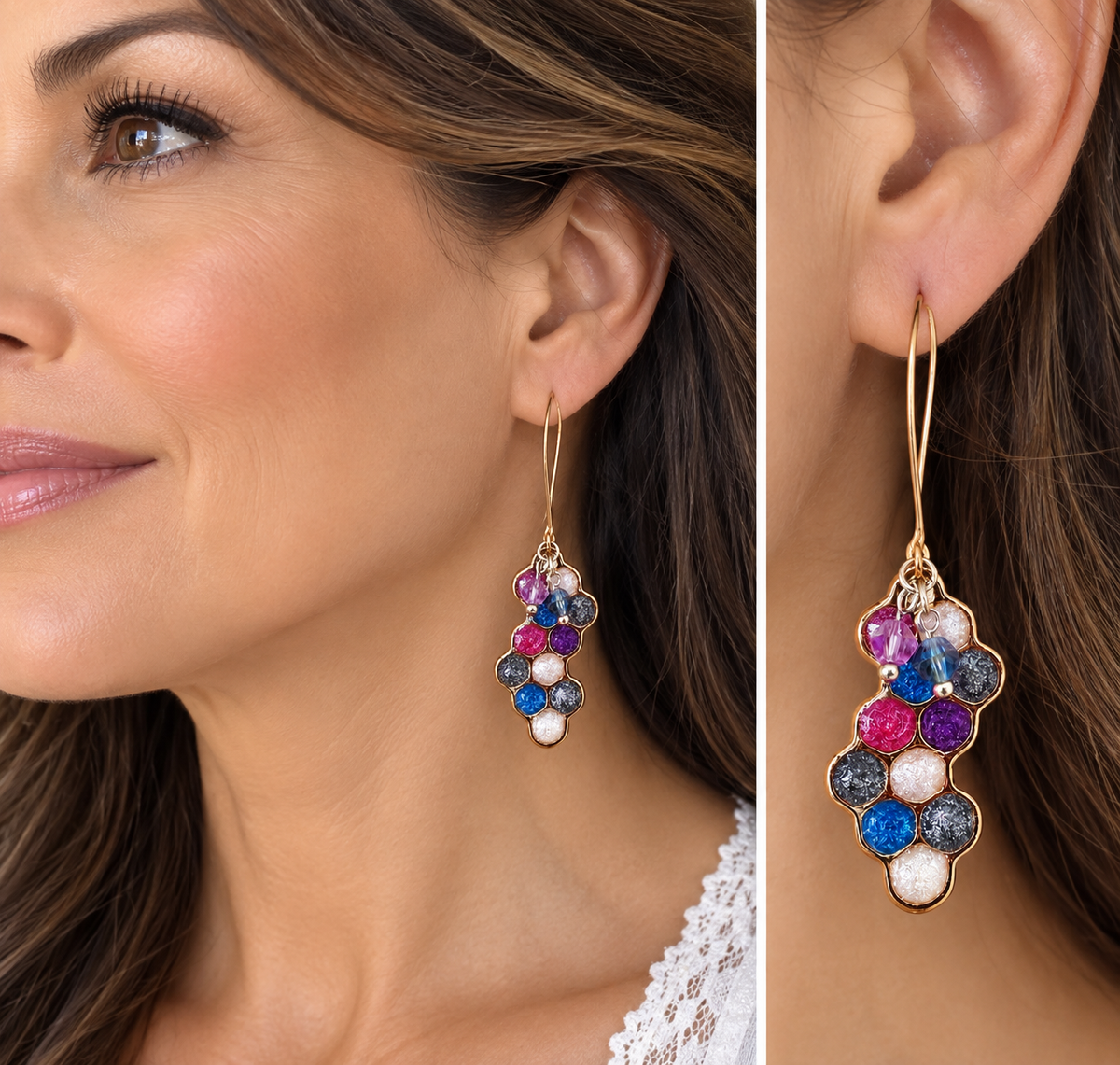 V-Shaped Resin Honeycomb Earrings – Purple, Pink & Blue Statement Earrings