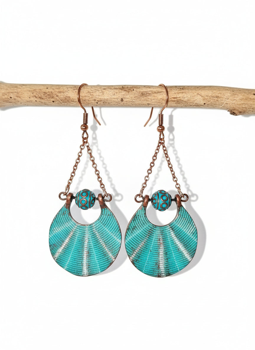 Patina Fan Earrings - Rose Gold Chain Bohemian | 2.75 Inches