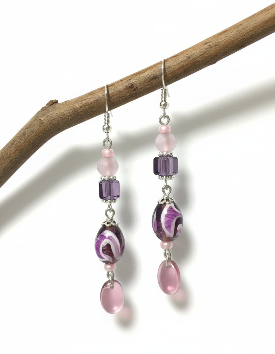 Violet Swirl Art Glass Earrings – 2.75" Drop Length