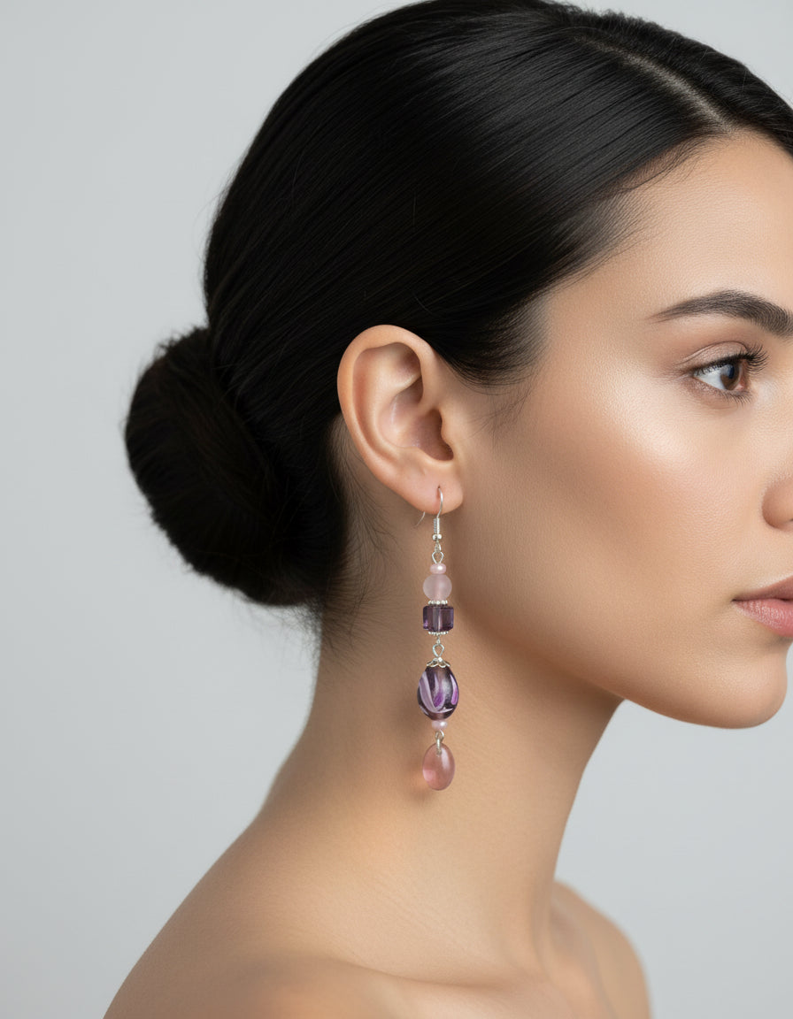 Violet Swirl Art Glass Earrings – 2.75" Drop Length