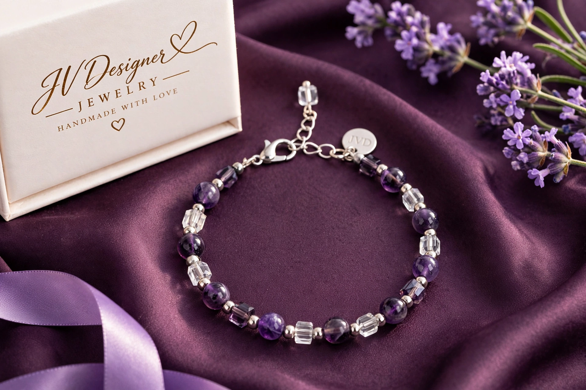 A beaded bracelet with purple and clear faceted beads on a silver chain, displayed on draped purple satin next to a white jewelry box labeled JW Designer Jewelry and purple lavender flowers.