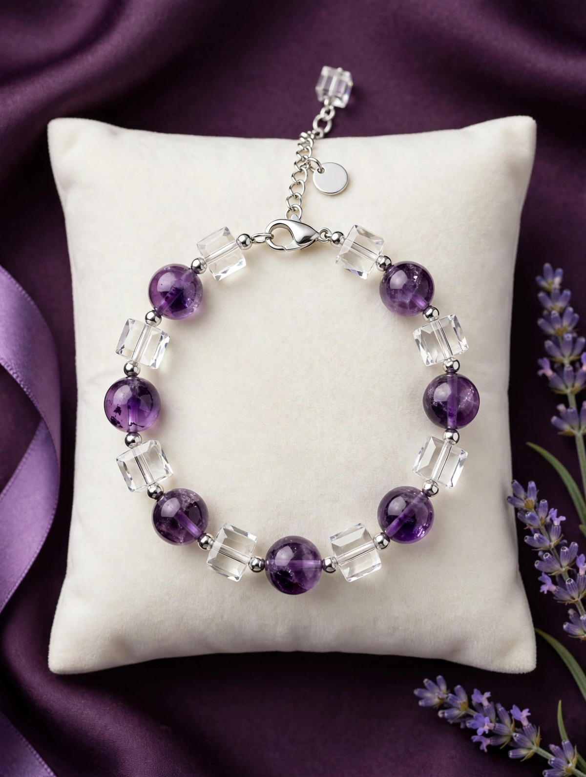 A beaded bracelet with alternating purple amethyst round beads and clear faceted crystal cube beads, displayed on a cream pillow over a purple satin background with lavender sprigs.