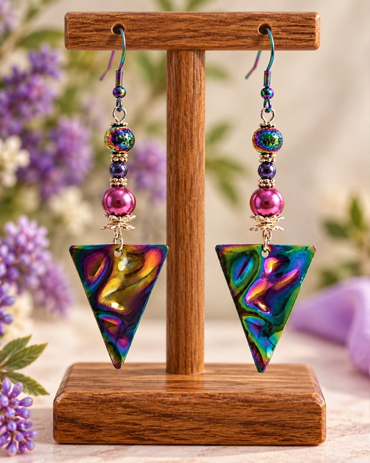 Rainbow ion plated triangle dangle earrings with pink and metallic beads on a display stand
