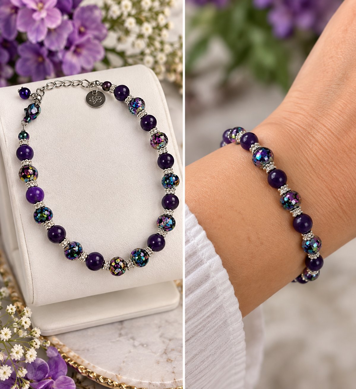 Purple beaded bracelet with iridescent crystal beads, silver accents and lotus charm