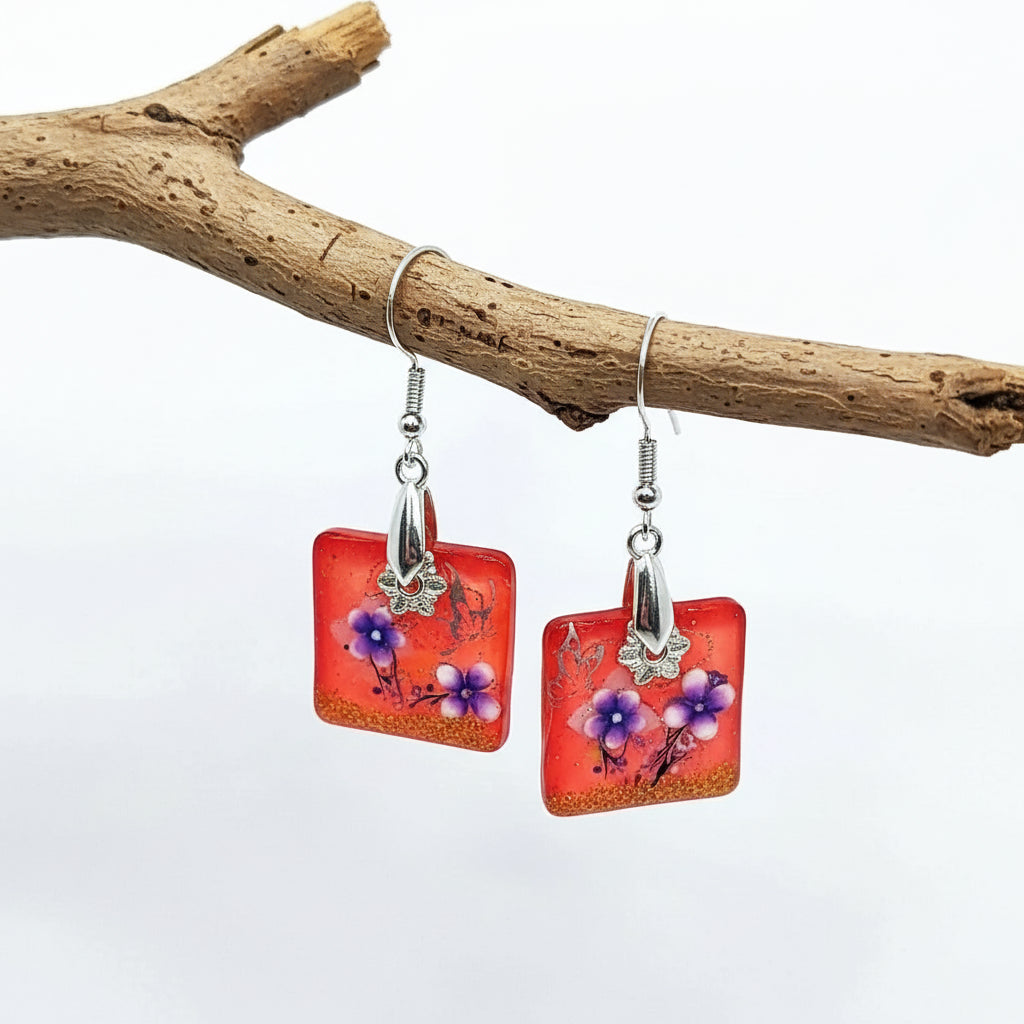 Tangerine Sea Glass Handcrafted Resin Flower Earrings 1.75 inches