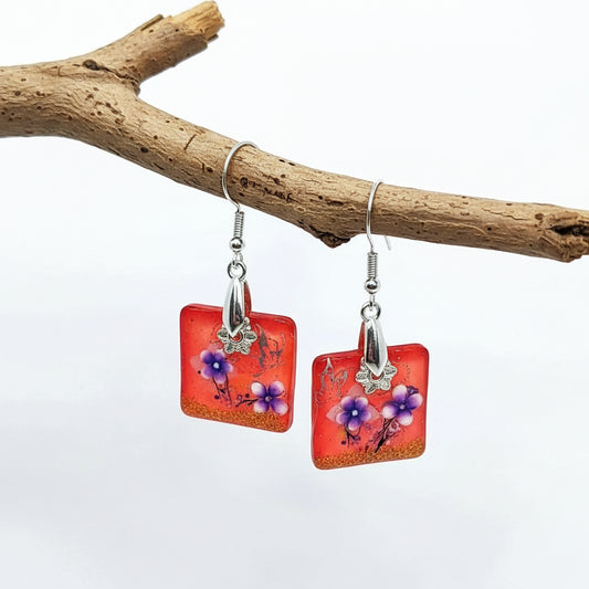 Tangerine Sea Glass Handcrafted Resin Flower Earrings 1.75 inches