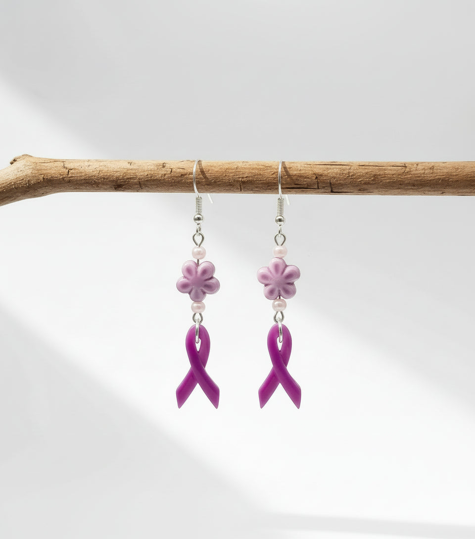 Lupus Awareness Earrings - Handmade Ceramic Flower Purple Ribbon Jewelry