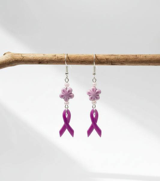 Lupus Awareness Earrings - Handmade Ceramic Flower Purple Ribbon Jewelry