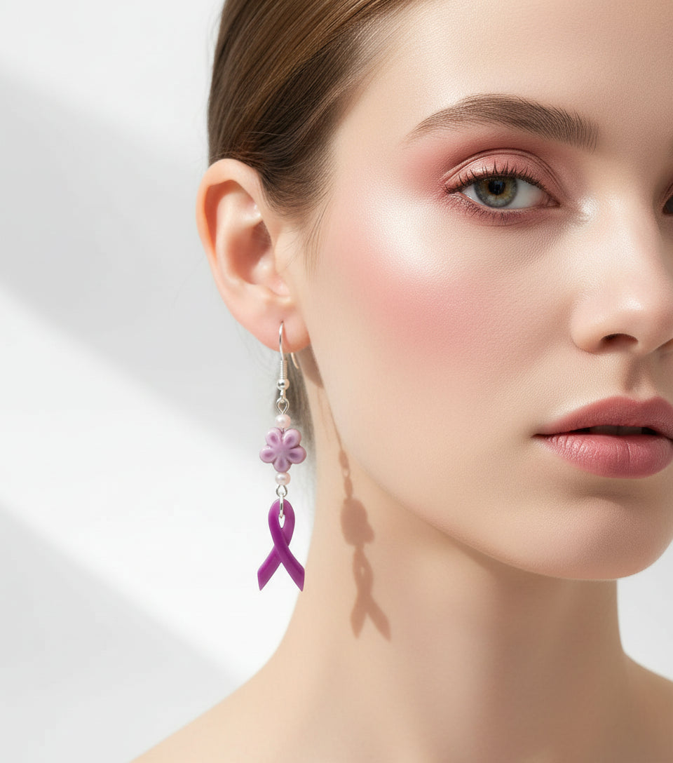 Lupus Awareness Earrings - Handmade Ceramic Flower Purple Ribbon Jewelry
