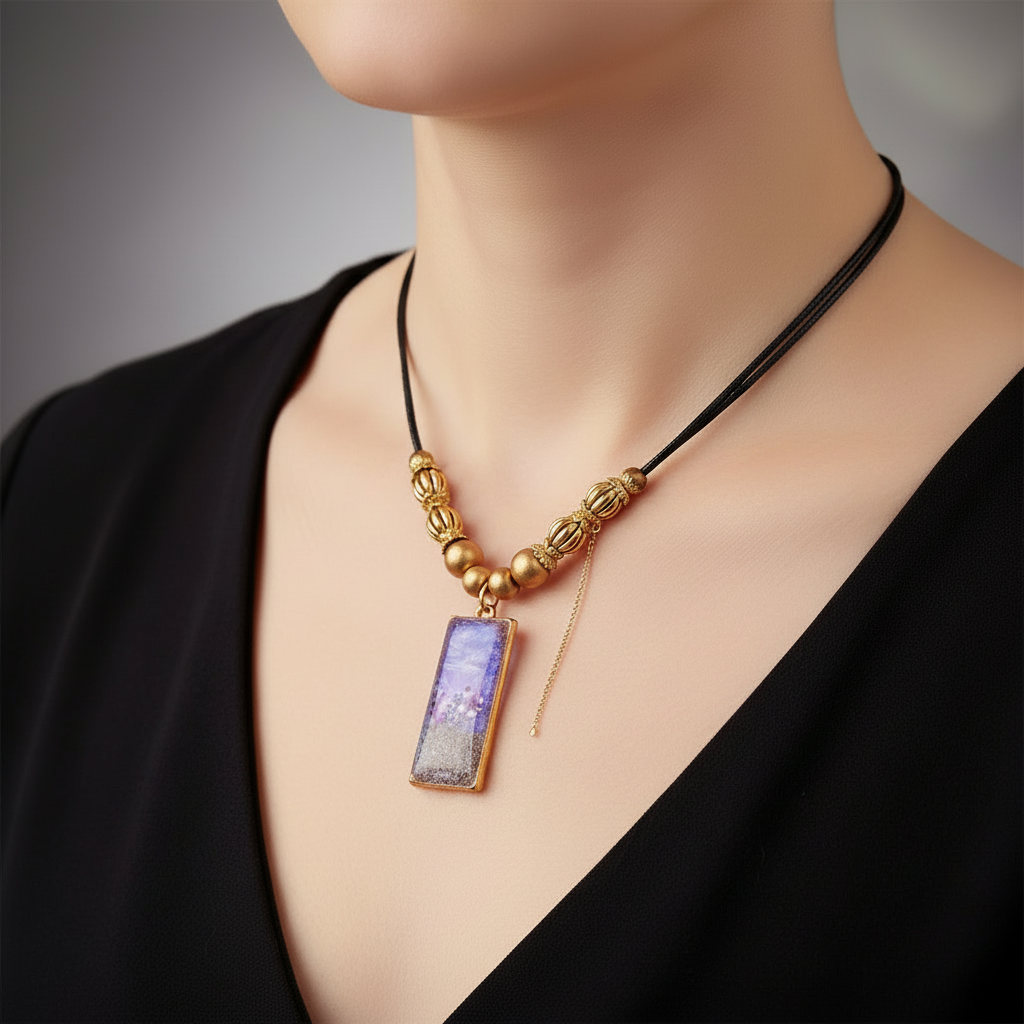 Handcrafted Resin pendant Necklace with black cord and gold beads Accessories