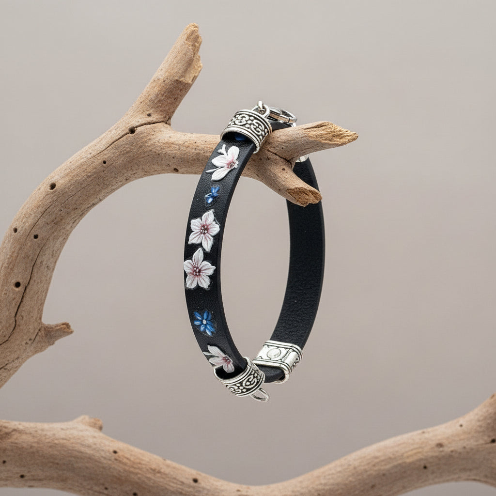 Black Leather Floral Bracelet - Handcrafted Artisan Jewelry with Dual Clasp
