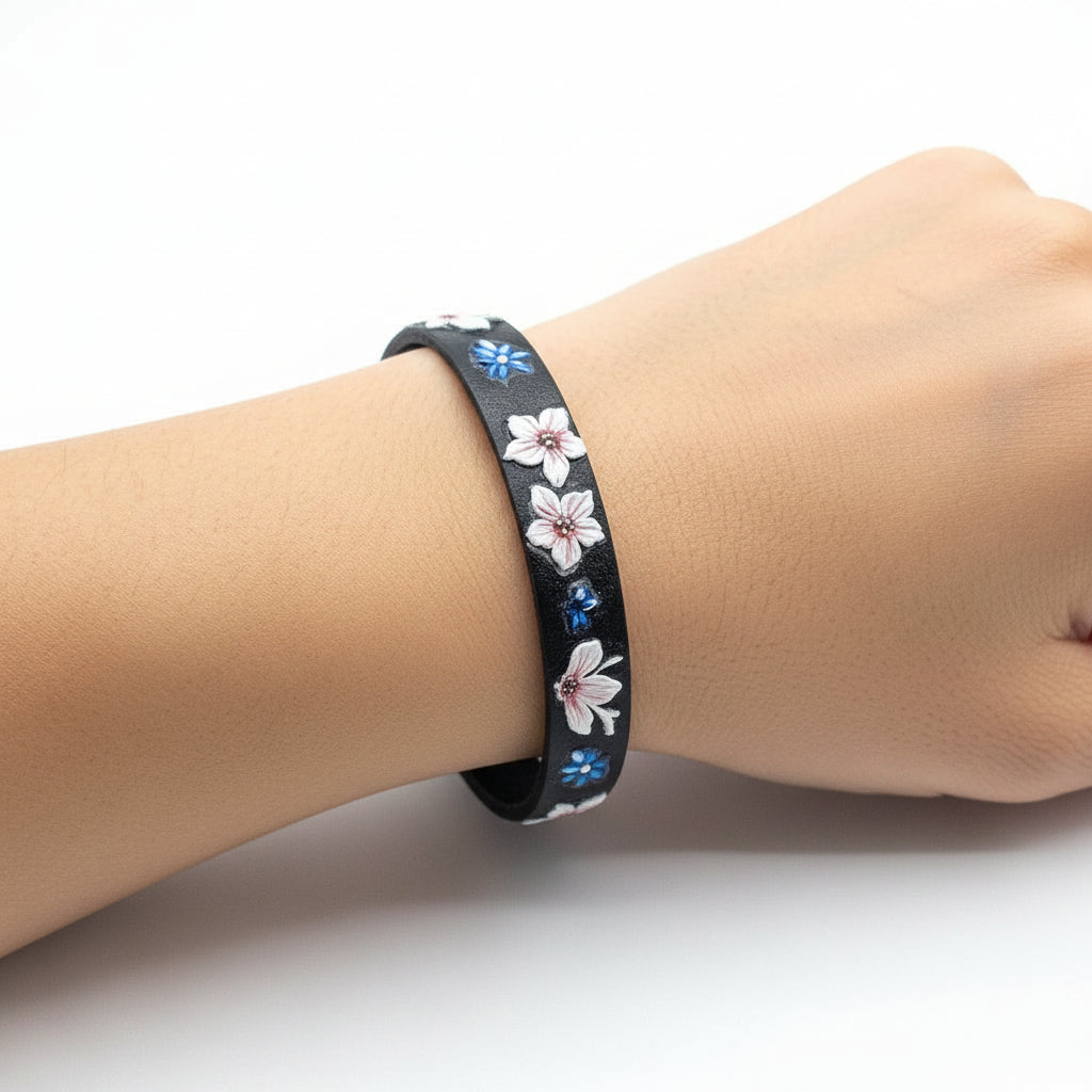 Black Leather Floral Bracelet - Handcrafted Artisan Jewelry with Dual Clasp
