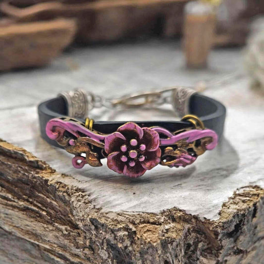 Hand-painted pink antique metal flower bracelet on black leather