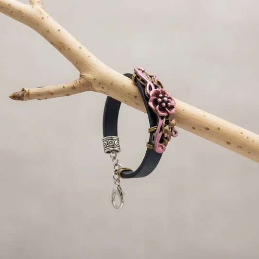 Antique Metal Flower handpainted pink Bracelet black leather