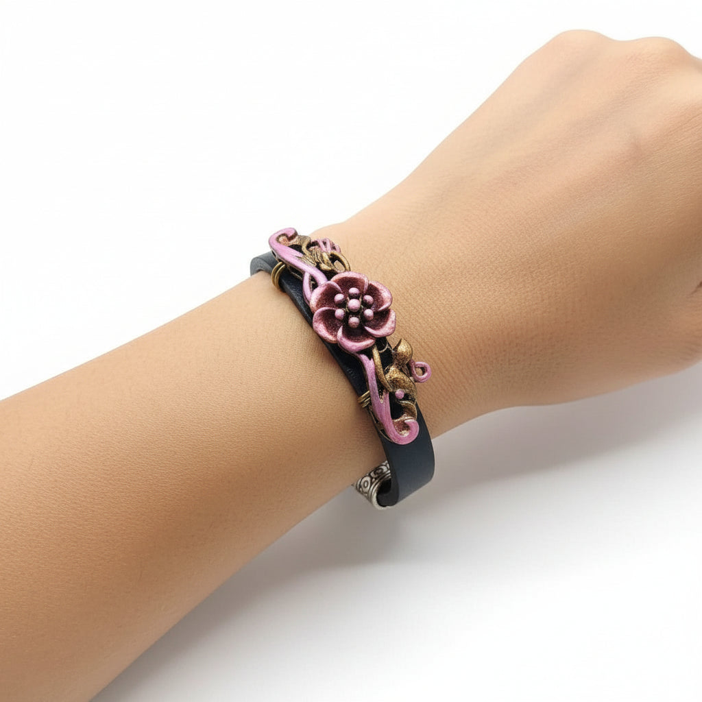 Antique Metal Flower handpainted pink Bracelet black leather