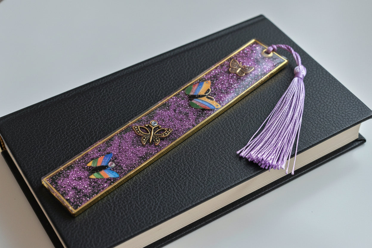 Decorative bookmark with butterflies and a tassel on a white background