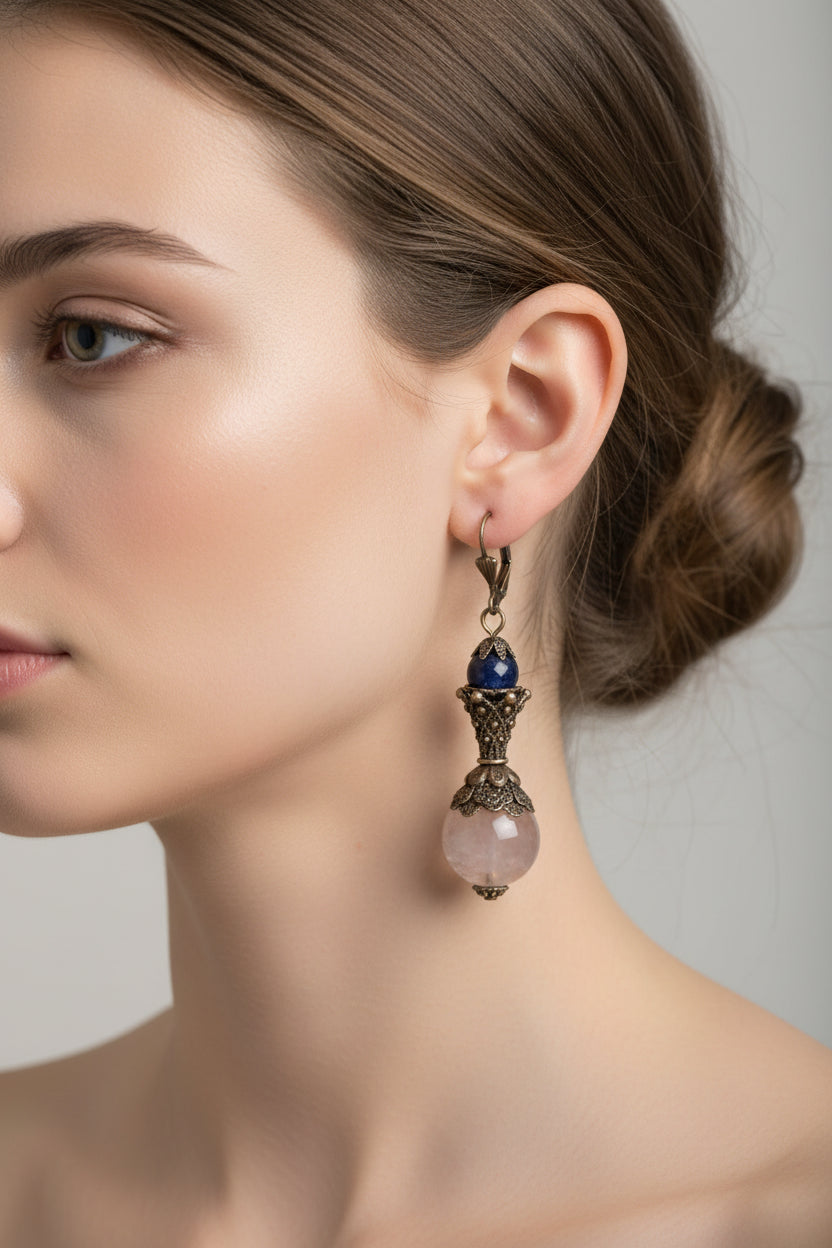 Lapis Lazuli Stone Earrings - Antique Bronze Leverback 2.25" | Blue Gemstone