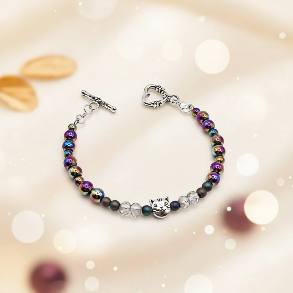 Silver cat wire wrapped hematite bracelet
