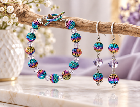 Rainbow ion plating jewelry set with lavender glass beads, bracelet and dangle earrings hanging on a wooden branch