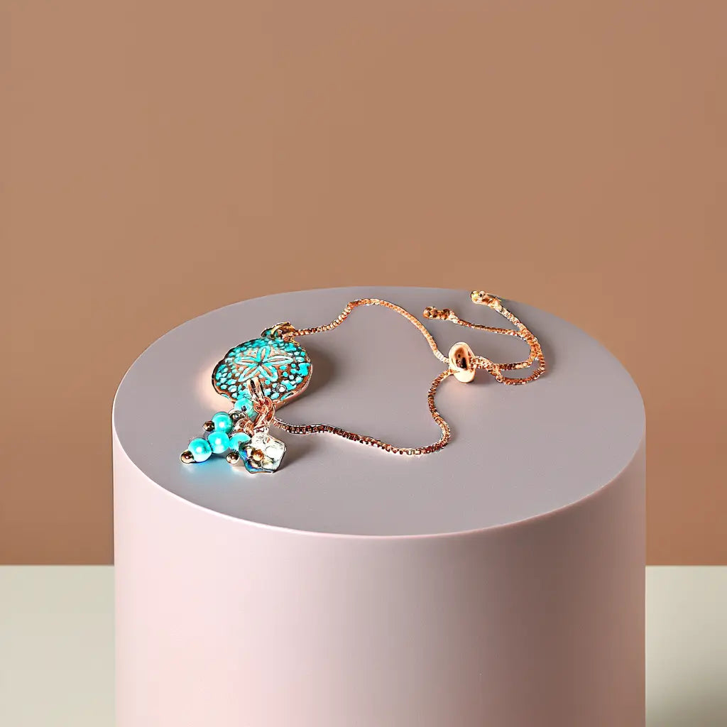Rose Gold Patina Shell Bracelet - Adjustable with Czech Flower & Pearls | Up to 9"